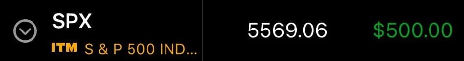 SPX trade showing $500 profit